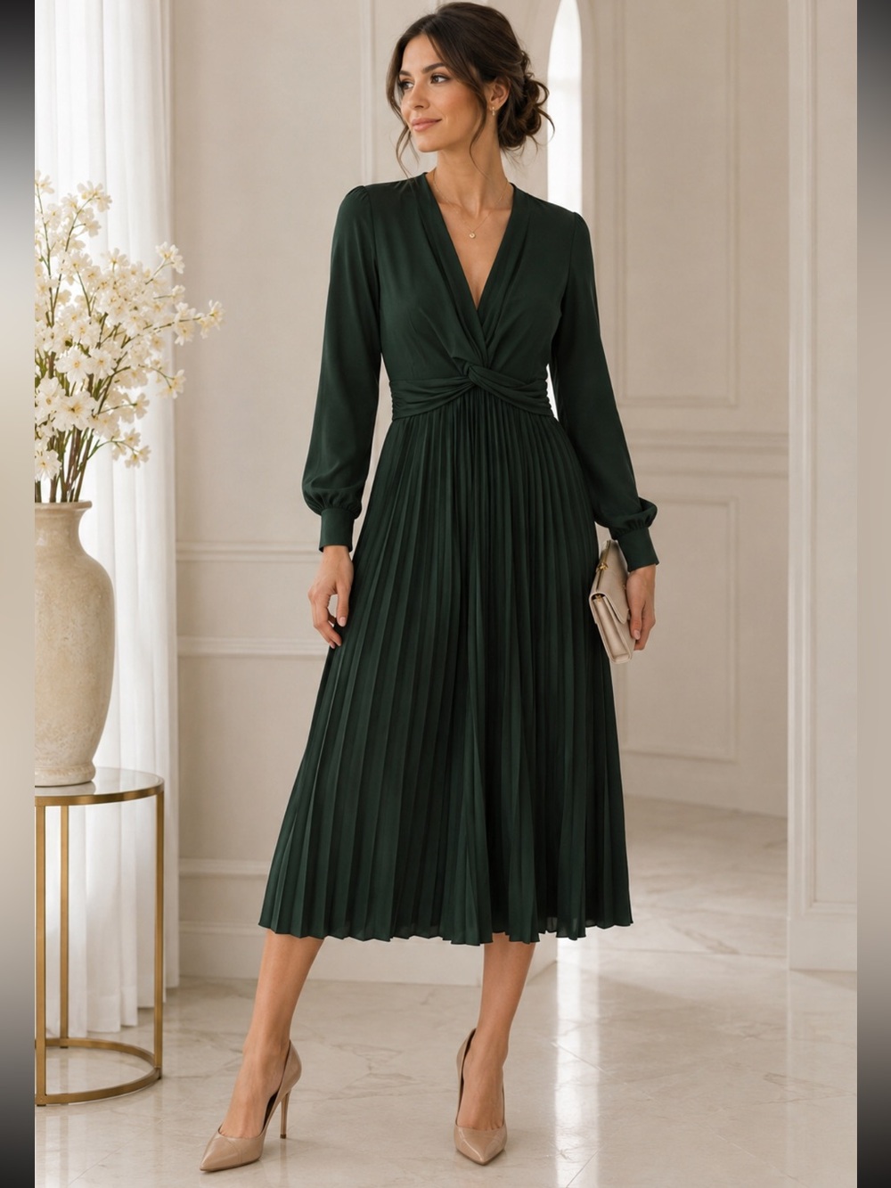NWT Nina Leonard Green Pleated Twist Front Midi Dress | Size S | Elegant Long Sl